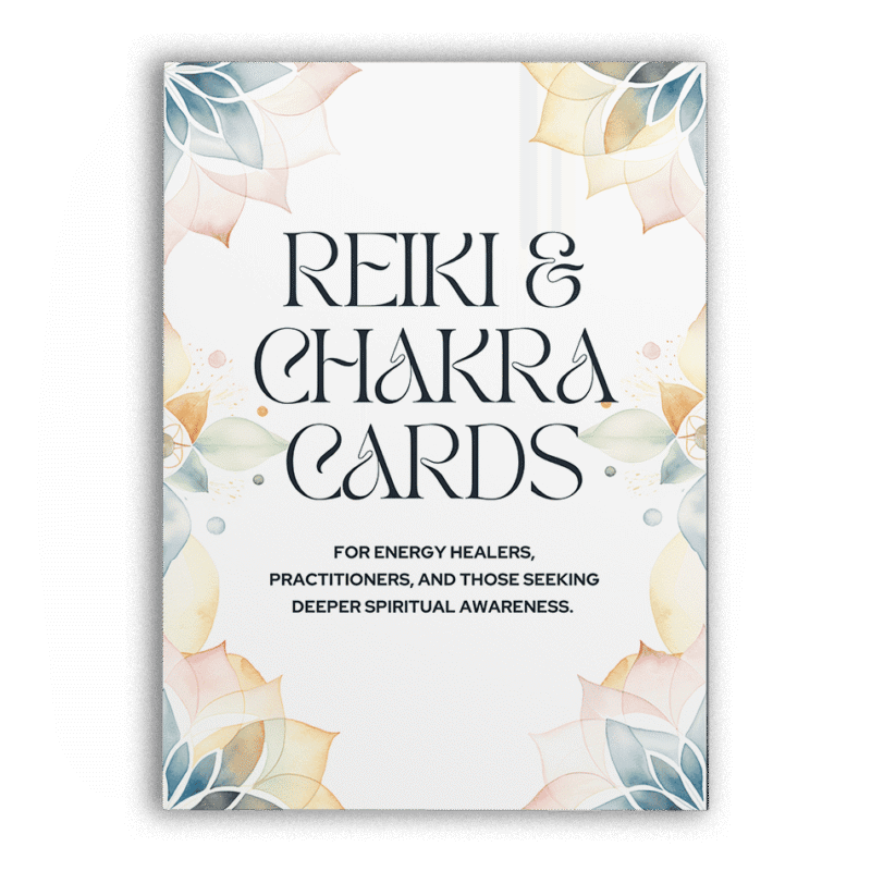 Front card of Reiki and Chakra Cards deck featuring colourful flower illustrations framing the title: “For energy healers, practitioners and those seeking deeper spiritual awareness”