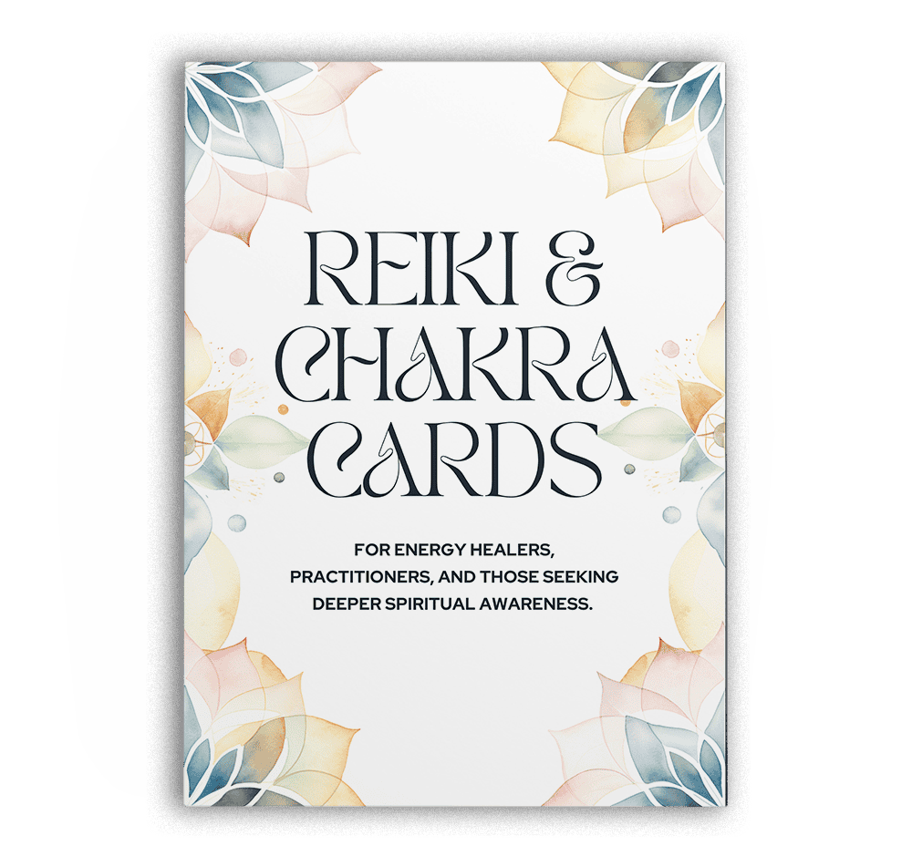 Front card of Reiki and Chakra Cards deck featuring colourful flower illustrations framing the title: “For energy healers, practitioners and those seeking deeper spiritual awareness”