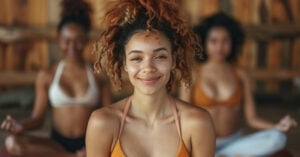 Portrait of a woman seated at a conscious community gathering, gently smiling in a peaceful and supportive atmosphere
