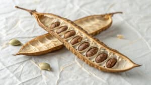 Australian wattle seed pod opened with seeds on white textured paper – native superfood ingredient for gut health recipes.