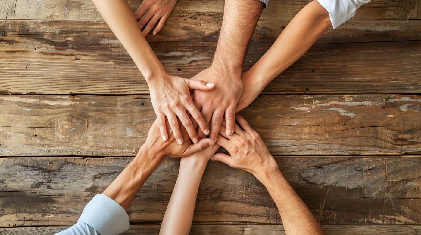 Six diverse hands reaching inward and meeting at the centre of a wooden table, symbolising community, trust and shared support.